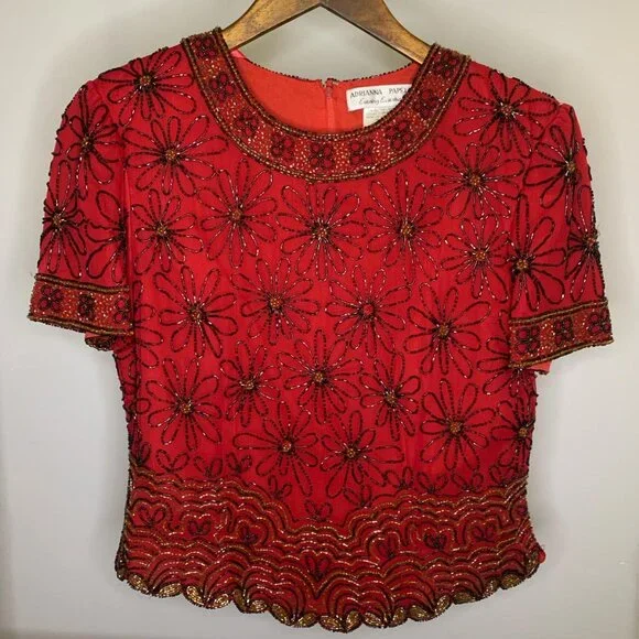 Vintage Adrianna Papéll Red Beaded Short Sleeve Formal Blouse 100% Silk - Picture 2 of 4